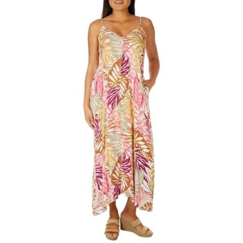 Lush Tropical Palm Leaf Print Maxi Dress Pink Yellow Small